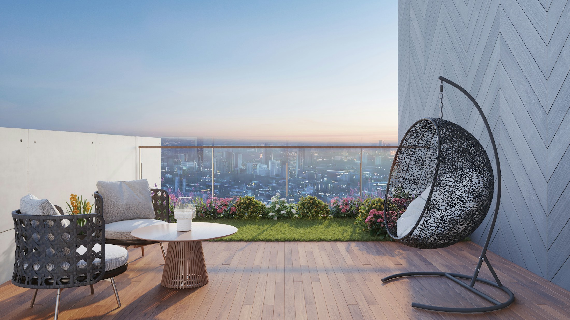 A luxury open balcony lounge with a skyline view