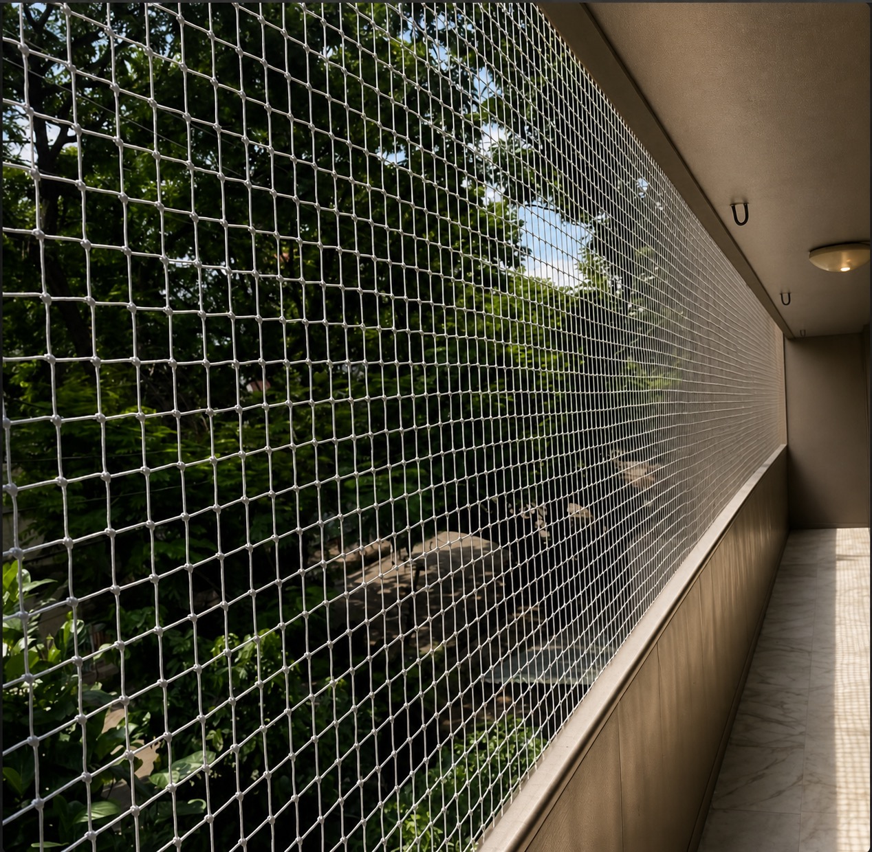 Close-up of pigeon netting installed on a balcony